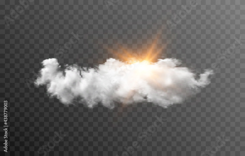 Vector cloud with the sun. Dawn, sunrise, light, rays of the sun. Cloud, smoke, fog. PNG.