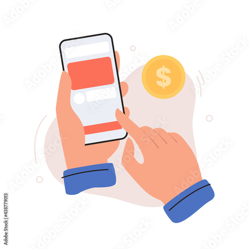 Mobile payments and online money transfers. Hands hold a smartphone and pay for services through the application. Online payments colorful flat vector illustration.