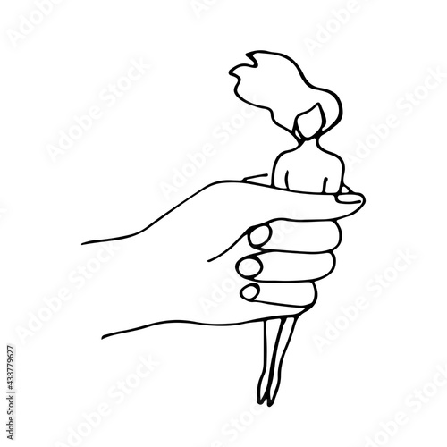 The hand holds the woman entirely. Doodle style concept of manipulation, mental violence, total control, gaslighting, personality enslavement, addiction and mental disorder.