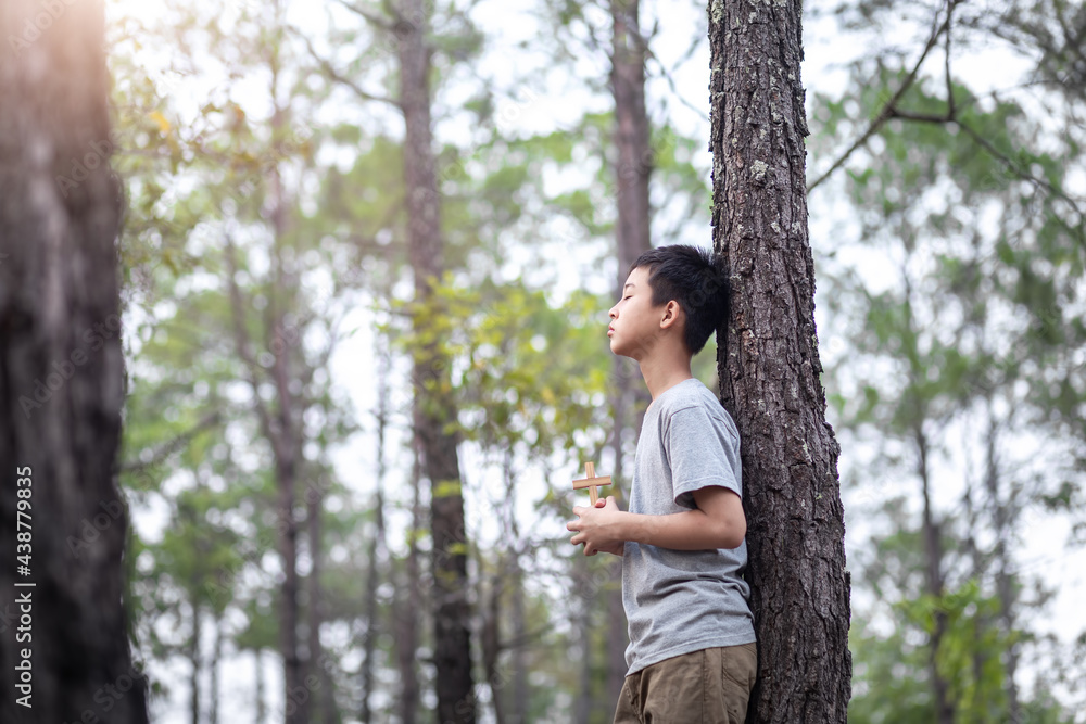 Boy praying with holding the Cross in forest with morning light, Focus face, Christian concept. Boy praying with holding the Cross in forest with morning light, Focus face, Christian concept.