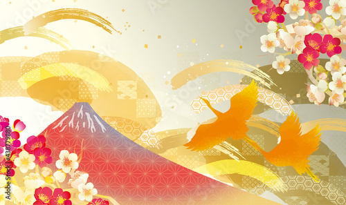 鶴の飛ぶ　富士山　和柄