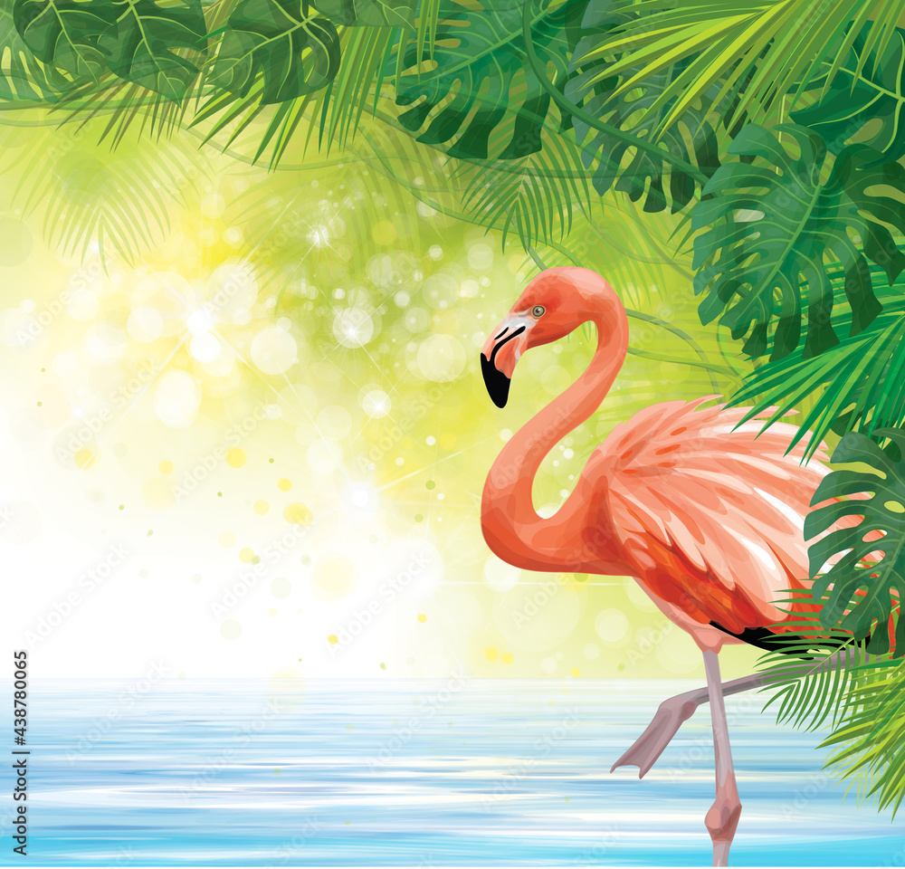 Fototapeta premium Vectot tropical leaves and flamingo background.