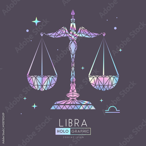 Modern holographic magic witchcraft card with astrology Libra zodiac sign. Polygonal style. Scales illustration