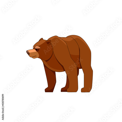 Bear looking and walking. Cartoon character of big mammal animal. Wild forest creature with brown fur. Vector flat illustration isolated on white background