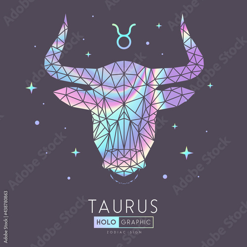 Modern magic witchcraft card with polygonal  astrology Taurus zodiac sign. Holographic Polygonal bull head