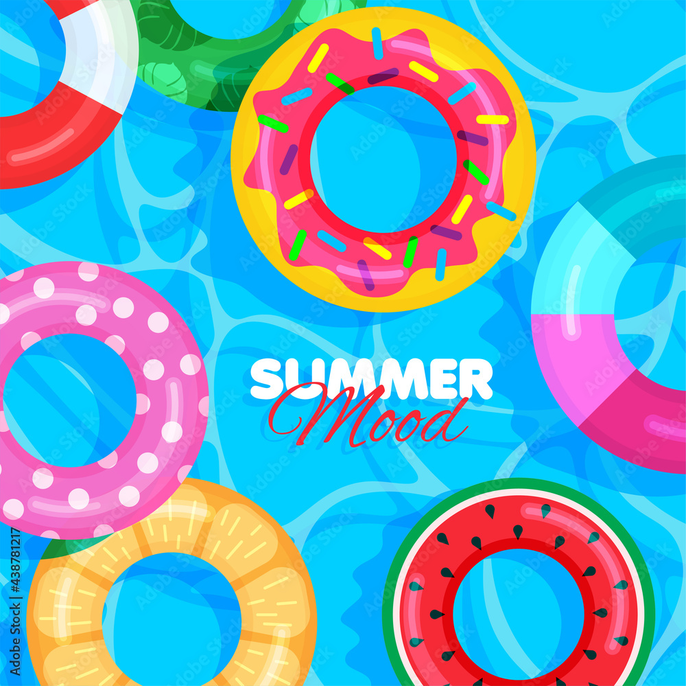 Colorful lifebuoy on water ripple surface pattern. Summer banner concept. Pool party. Blue background. Vector illustration. Colorful lifebuoy on water ripple surface pattern. Summer banner concept. Pool party. Blue background. Vector illustration.