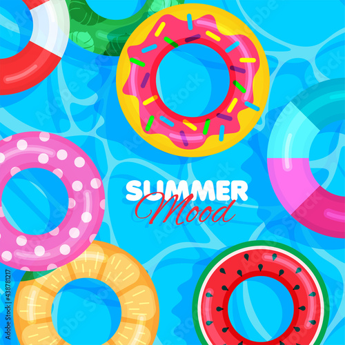 Colorful lifebuoy on water ripple surface pattern. Summer banner concept. Pool party. Blue background. Vector illustration.