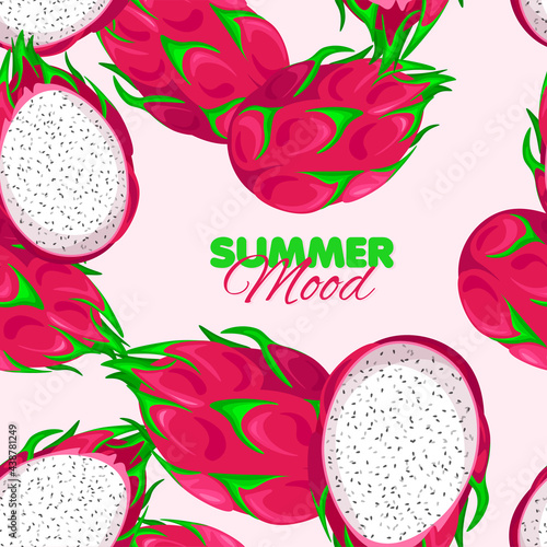 Pitaya seamless pattern. Summer mood banner with Dragon Fruit. Vector illustration.