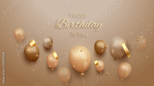Happy birthday card with luxury balloons and ribbon. 3d realistic style. vector illustration for design.