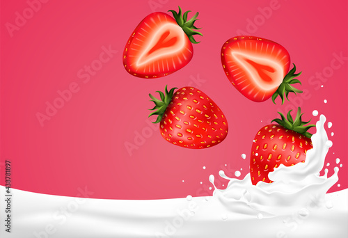Red strawberry fruits falling into the milky splash. Vector illu