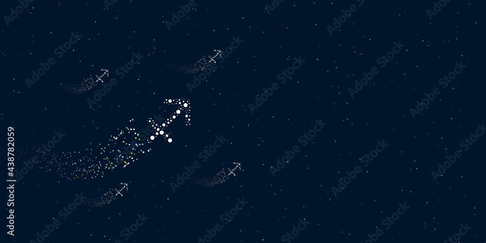 A zodiac sagittarius symbol filled with dots flies through the stars leaving a trail behind. There are four small symbols around. Vector illustration on dark blue background with stars