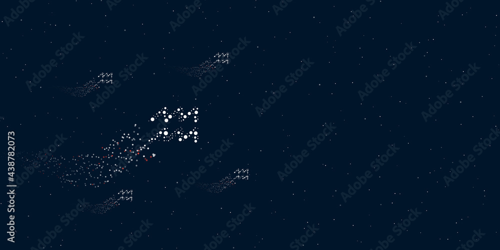 A zodiac aquarius symbol filled with dots flies through the stars leaving a trail behind. There are four small symbols around. Vector illustration on dark blue background with stars