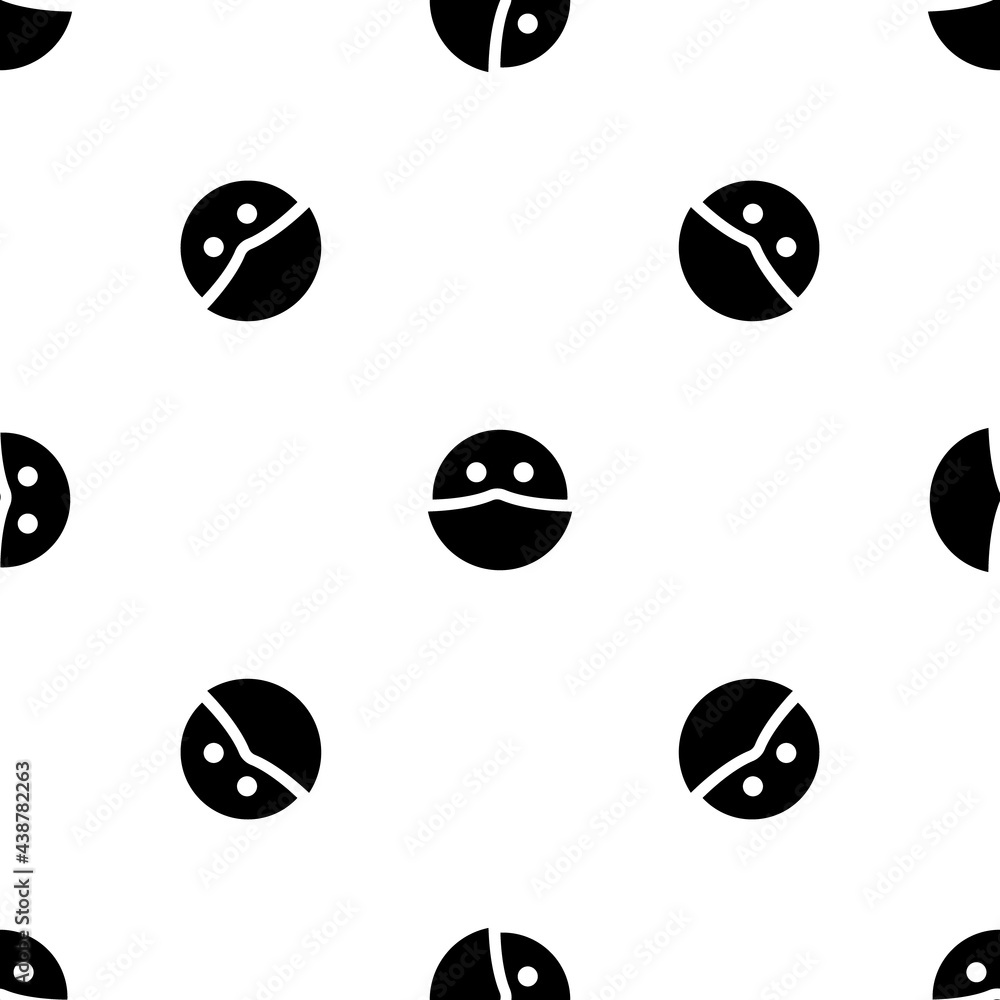 Seamless pattern of repeated black masked face symbols. Elements are evenly spaced and some are rotated. Vector illustration on white background