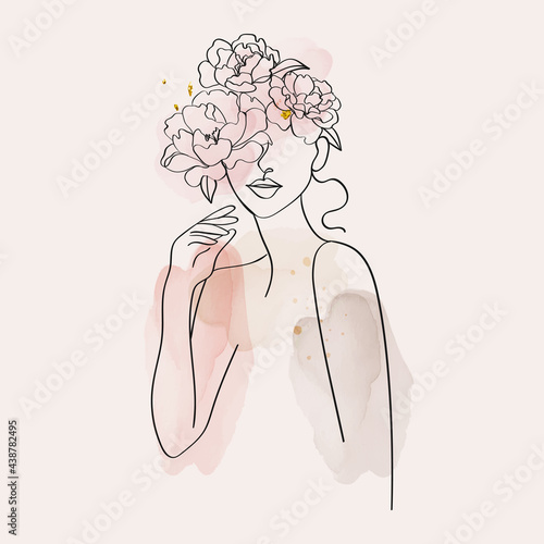 Women and flowers line art. Girl with flowers and leaves one line vector drawing. Portrait continuous line art drawing for prints, tattoos, cosmetics, fashion, Beauty salon and wall home decoration.