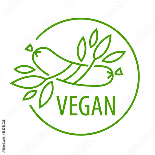 Vegan sausage icon, green line vector pictogram. Plant based meat concept. Sausage with plant leaves. Organic natural vegetarian food from plants.