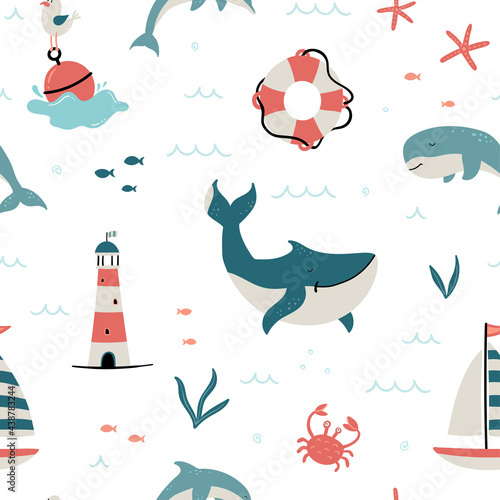 Cute hand drawn sea life seamless pattern, happy whales and decoration, great for summer textiles, banners, wallpapers, wrapping - vector design