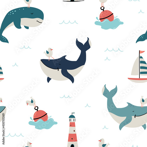 Cute hand drawn sea life seamless pattern, happy whales and decoration, great for summer textiles, banners, wallpapers, wrapping - vector design