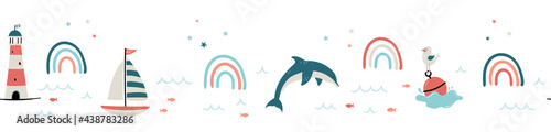 Cute hand drawn sea life seamless pattern  happy whales and decoration  great for summer textiles  banners  wallpapers  wrapping - vector design