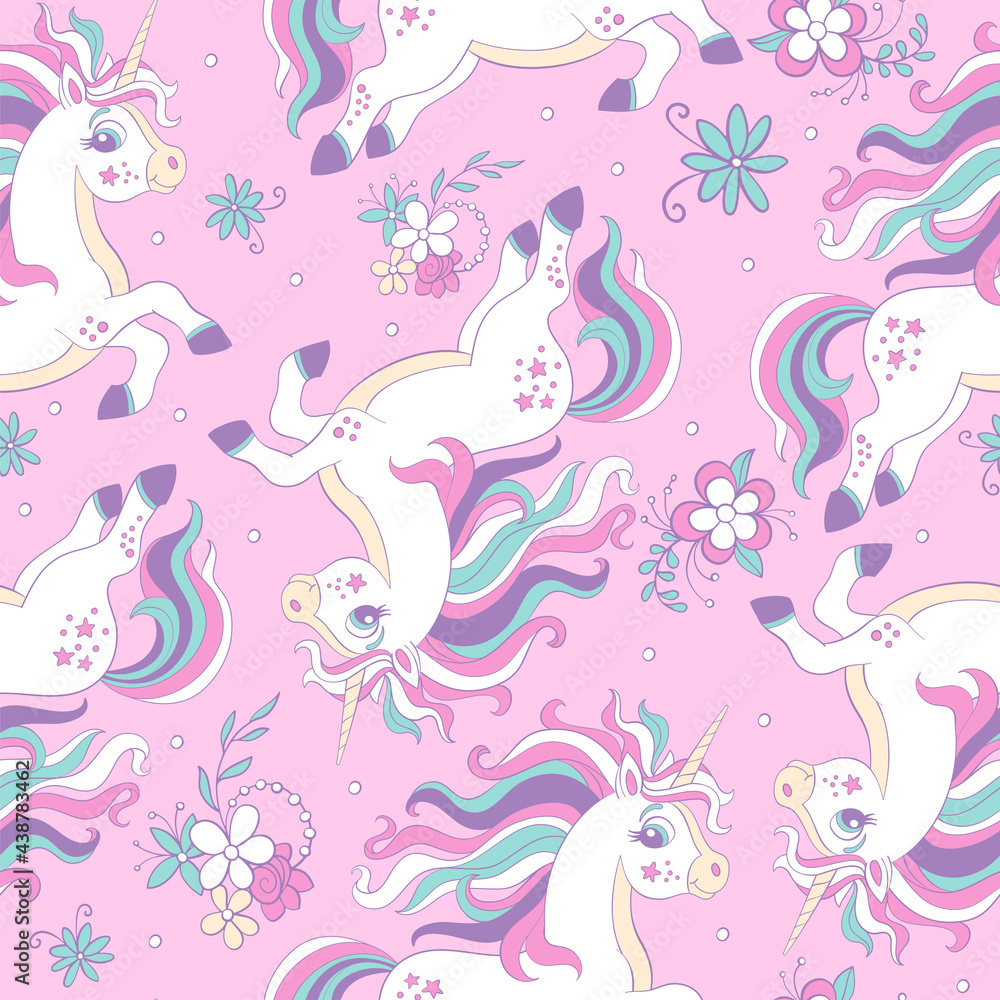 Seamless vector pattern with dreaming unicorns on pink