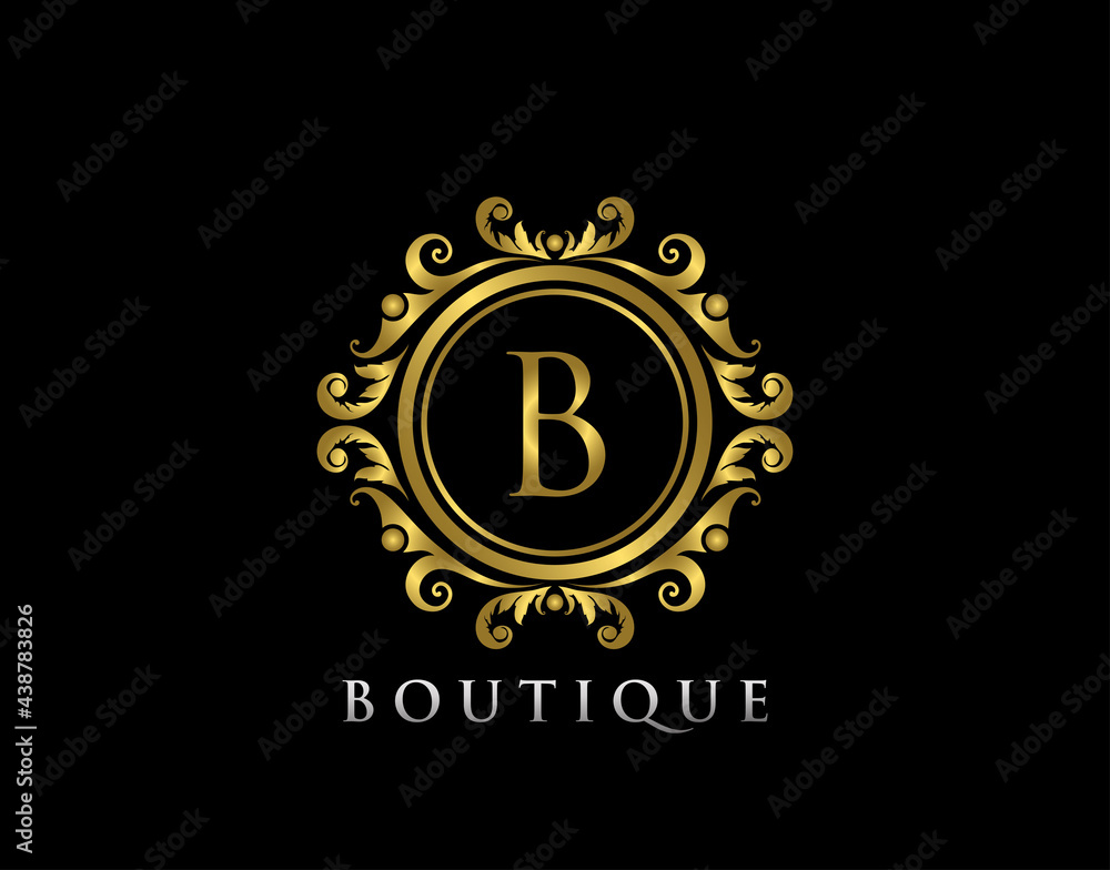 Fototapeta premium Elegant Boutique B Letter Logo. Golden floral badge design for Royalty, Letter Stamp, Boutique, Hotel, Heraldic, Jewelry, Wedding.