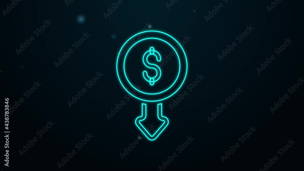Glowing neon line Dollar rate decrease icon isolated on black background. Cost reduction. Money symbol with down arrow. Business lost crisis decrease. 4K Video motion graphic animation Glowing neon line Dollar rate decrease icon isolated on black background. Cost reduction. Money symbol with down arrow. Business lost crisis decrease. 4K Video motion graphic animation