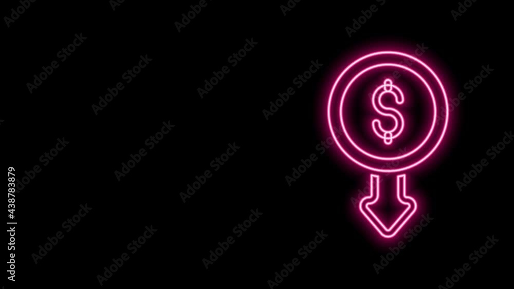 Glowing neon line Dollar rate decrease icon isolated on black background. Cost reduction. Money symbol with down arrow. Business lost crisis decrease. 4K Video motion graphic animation Glowing neon line Dollar rate decrease icon isolated on black background. Cost reduction. Money symbol with down arrow. Business lost crisis decrease. 4K Video motion graphic animation
