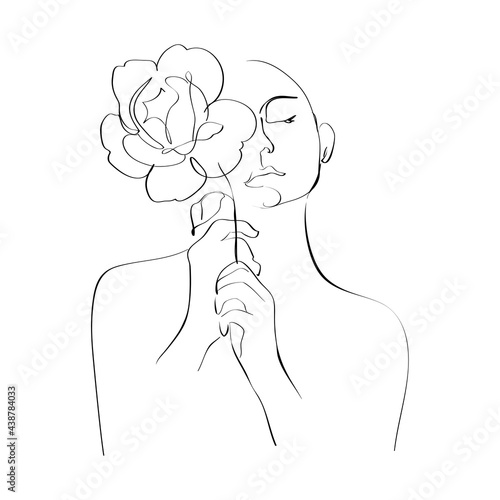 Women and flowers line art. Girl with flowers and leaves one line vector drawing. Portrait continuous line art drawing for prints, tattoos, cosmetics, fashion, Beauty salon and wall home decoration.