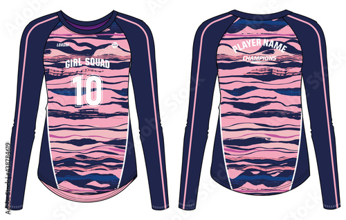 women Long Sleeve Sports Jersey t-shirt design concept Illustration suitable for girls and Ladies for Volleyball jersey, Football, Soccer, netball and tennis, Psychedelic printed Sport uniform kit