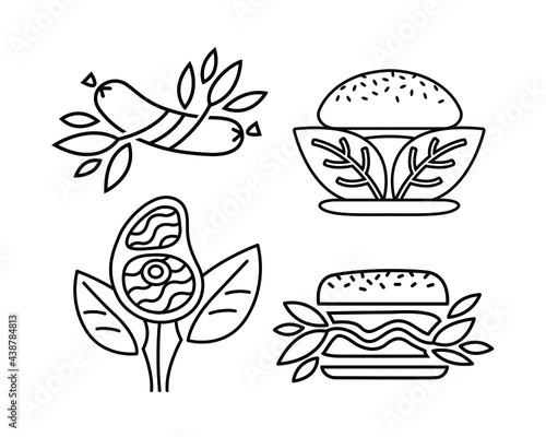 Plant based meat, vector of black line icons. Set of vegan hamburger, sausage, steak. Green leaves instead of meat. Food product made from plants. Designed and created to look like and cook like meat.