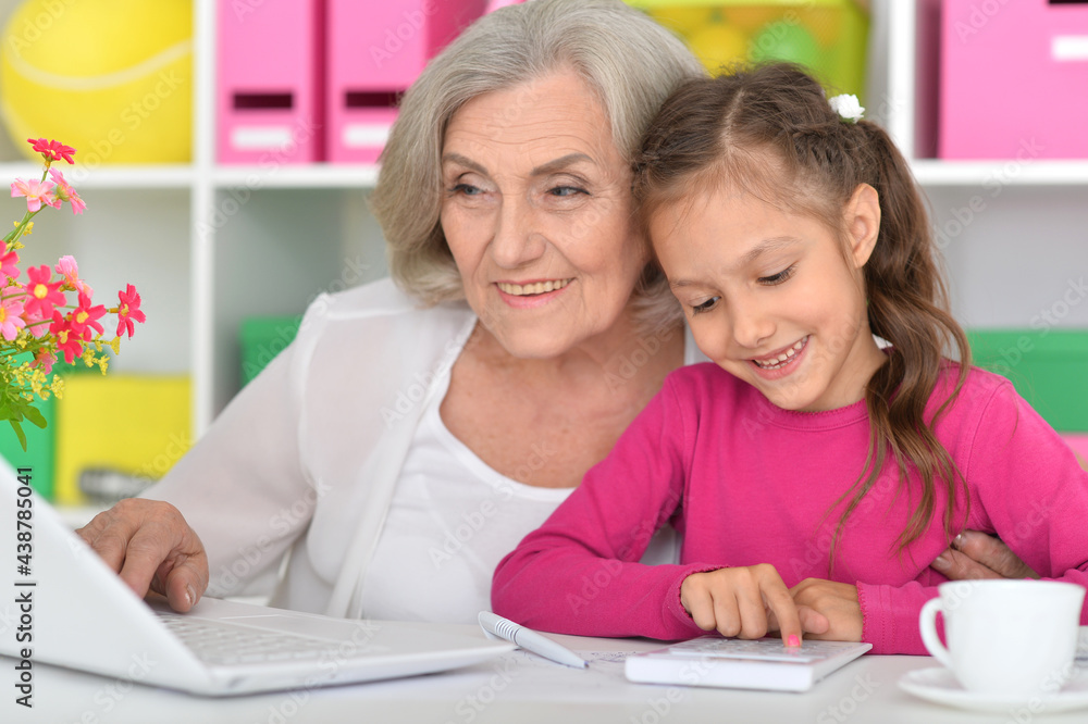 portrait of happy grandmother and granddaughter using laptop