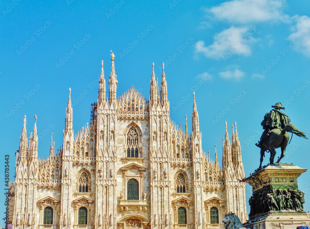 Duomo, Milan Cathedral with equestrian statue in the foreground, Italy