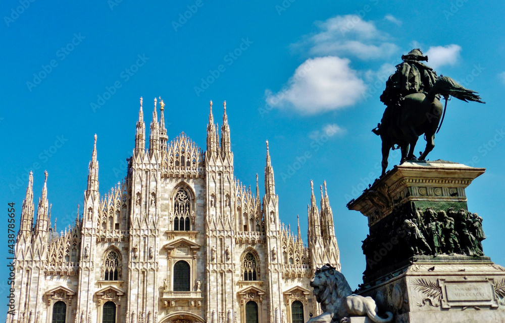 Duomo, Milan Cathedral with equestrian statue in the foreground, Italy