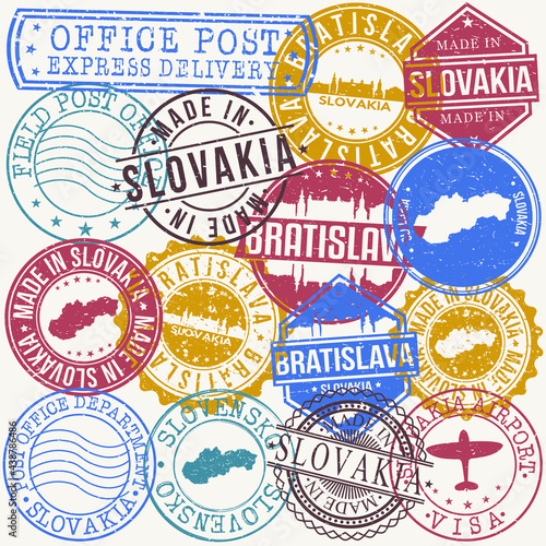 Bratislava Slovakia Set of Stamps. Travel Stamp. Made In Product. Design Seals Old Style Insignia.