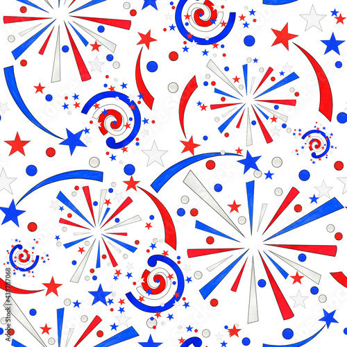 4th of July seamless watercolor pattern with fireworks
