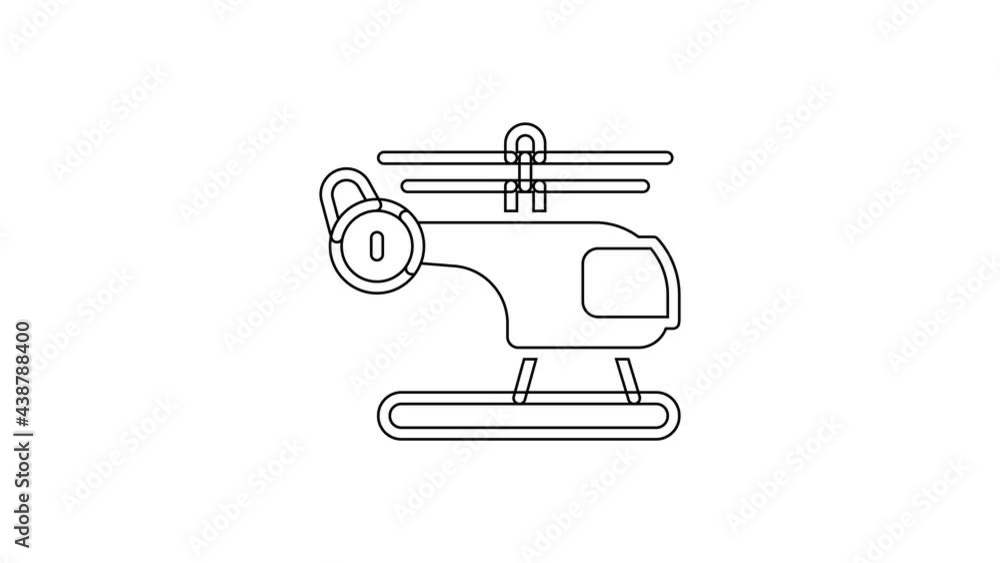 Black line Helicopter aircraft vehicle icon isolated on white background. 4K Video motion graphic animation Black line Helicopter aircraft vehicle icon isolated on white background. 4K Video motion graphic animation