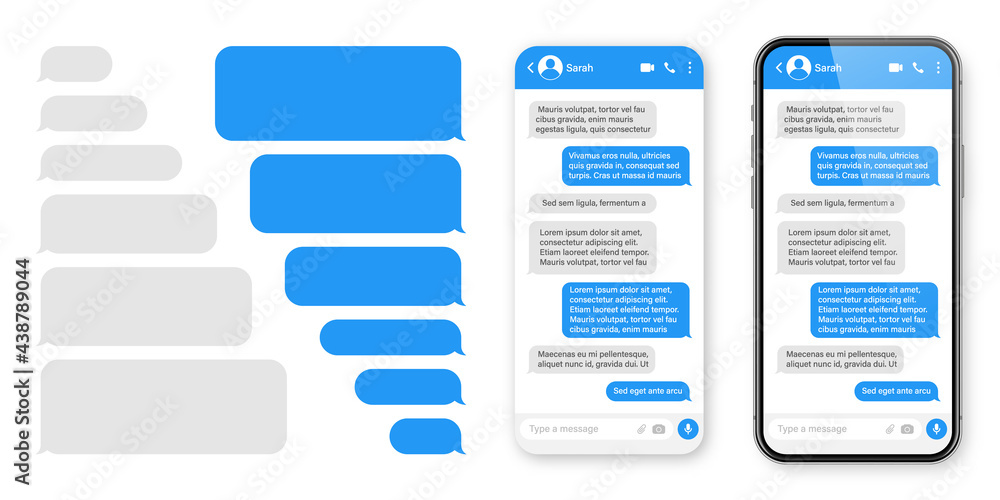 Realistic smartphone with messaging app. Blank SMS text frame. Chat screen with blue message bubbles. Social media application. Vector illustration.