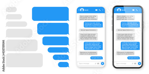 Realistic smartphone with messaging app. Blank SMS text frame. Chat screen with blue message bubbles. Social media application. Vector illustration. photo