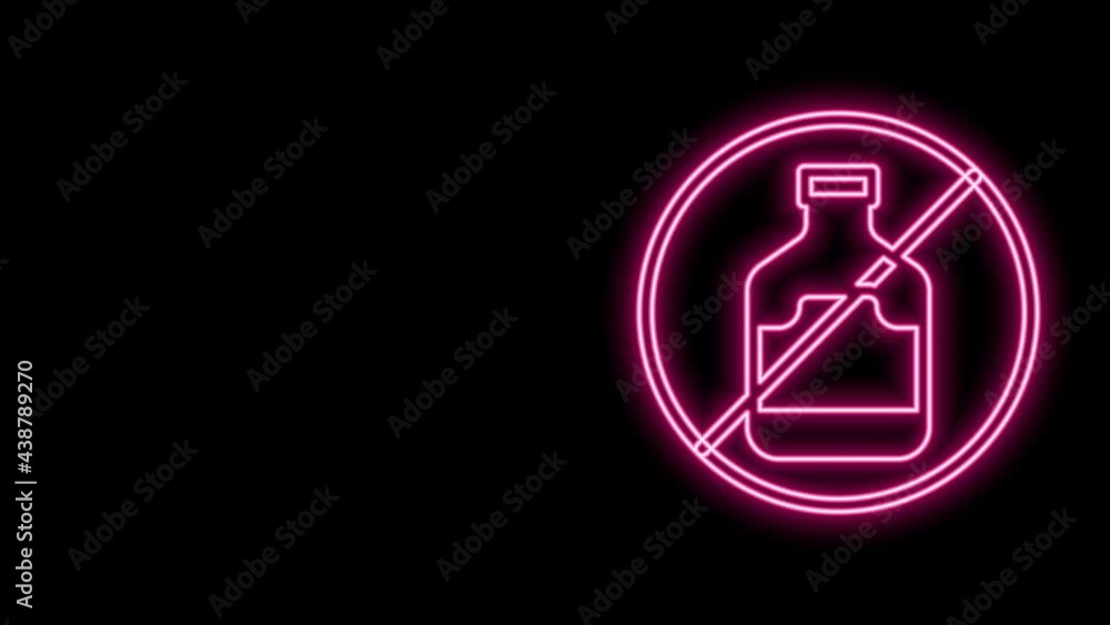 Glowing neon line No alcohol icon isolated on black background. Prohibiting alcohol beverages. Forbidden symbol with beer bottle glass. 4K Video motion graphic animation Glowing neon line No alcohol icon isolated on black background. Prohibiting alcohol beverages. Forbidden symbol with beer bottle glass. 4K Video motion graphic animation