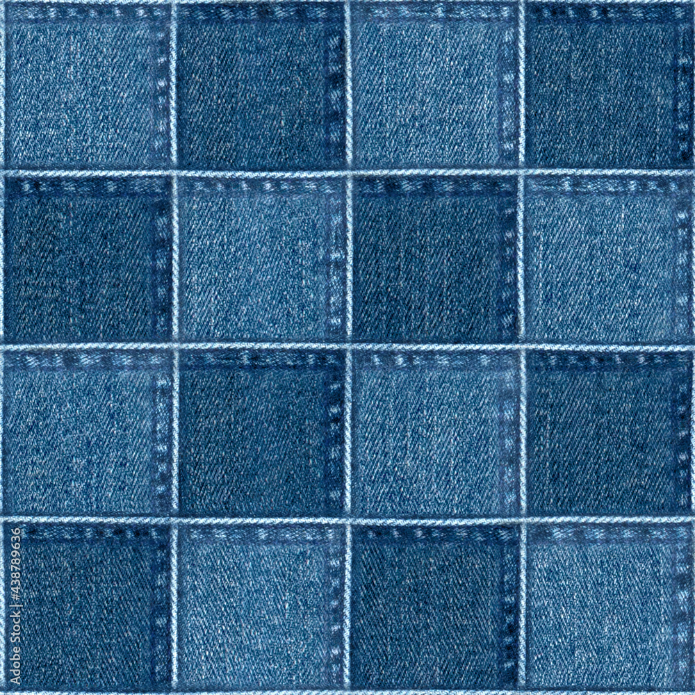 Jeans patchwork fashion background. Denim blue grunge textured seamless pattern - obrazy, fototapety, plakaty 