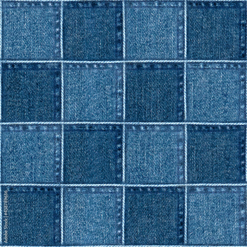 Jeans patchwork fashion background. Denim blue grunge textured seamless pattern