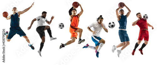 Sport collage. soccer football  basketball isolated on white studio background.