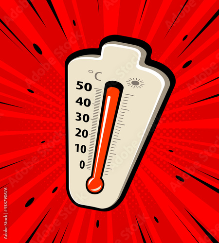 Thermometer with red indicator for high temperature. Heat vector illustration