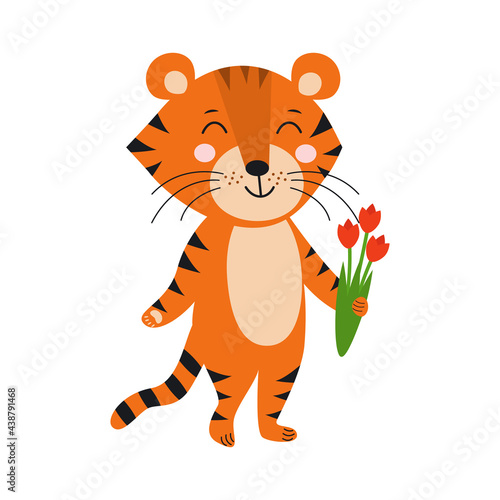 Cute tiger with flowers isolated on white background. Cartoon style. Sweet tiger with red tulips. Holiday concept. International Women s Day. March 8. Year of the tiger. Symbol of 2022.