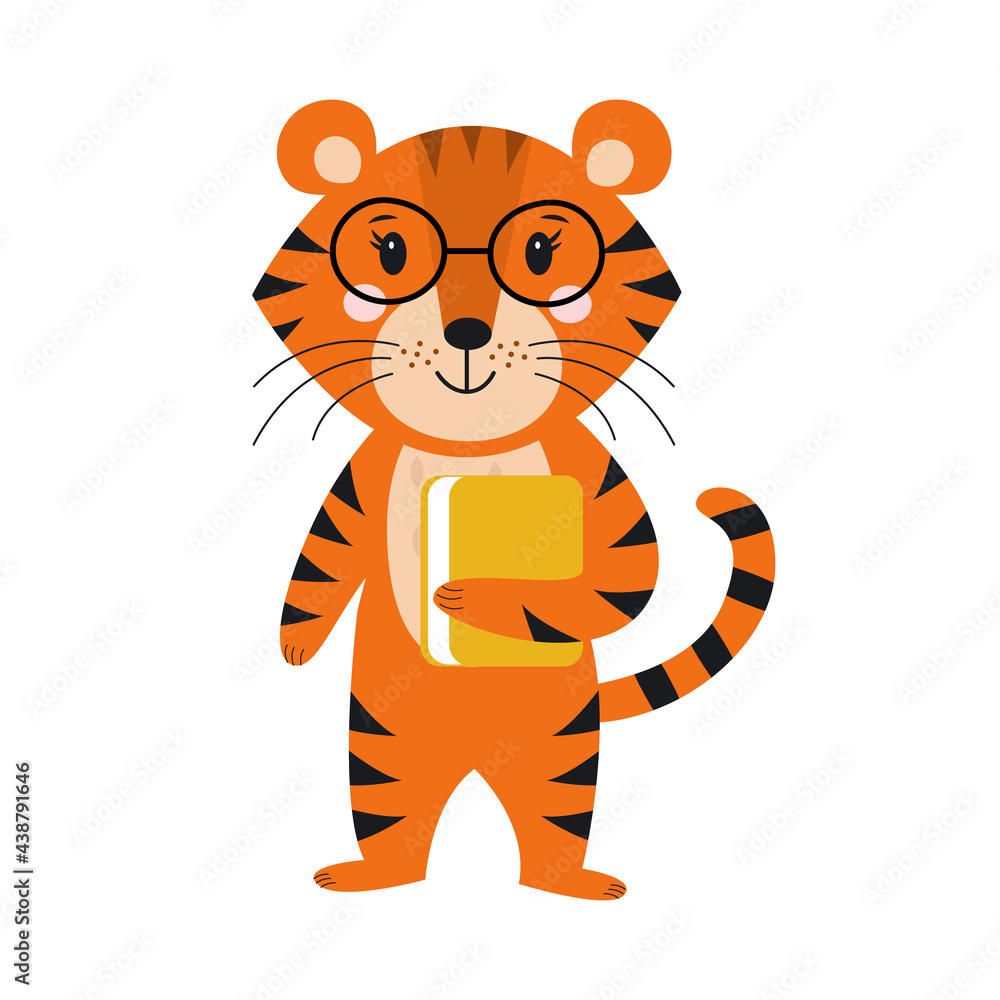 Sweet tiger with glasses and a book in his hands. The concept of the beginning of studies, knowledge day. Year of the tiger. Symbol of 2022. Flat vector illustration. Cartoon style. Sweet tiger with glasses and a book in his hands. The concept of the beginning of studies, knowledge day. Year of the tiger. Symbol of 2022. Flat vector illustration. Cartoon style.