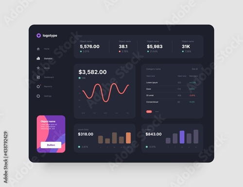 Dashboard Design. App interface with UI and UX elements. Use design for web application, desktop app or website. Dark mode.