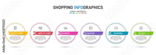 Concept of shopping process with 6 successive steps. Six colorful graphic elements. Timeline design for brochure, presentation, web site. Infographic design layout.
