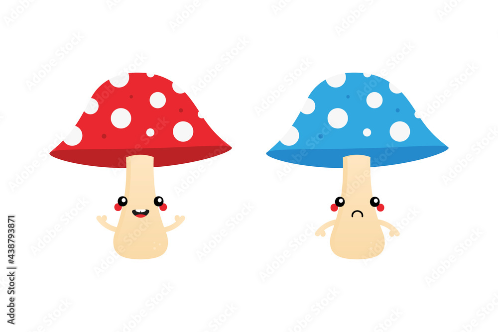 Couple of cute cartoon style mushroom characters with dotted caps, happy and sad. Couple of cute cartoon style mushroom characters with dotted caps, happy and sad.