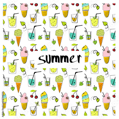 Cute seamless doodle summer abstract vector pattern. Hand-drawn sketch with summer elements - cocktails, ice-cream, plants, flowers and abstract elements. 

