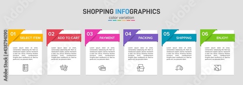 Concept of shopping process with 6 successive steps. Six colorful graphic elements. Timeline design for brochure, presentation, web site. Infographic design layout.