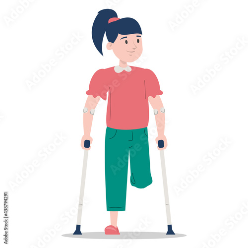 Little girl on crutches vector isolated. Injured kid, amputated leg. Concept of people with disability. Handicapped child. Injured person.